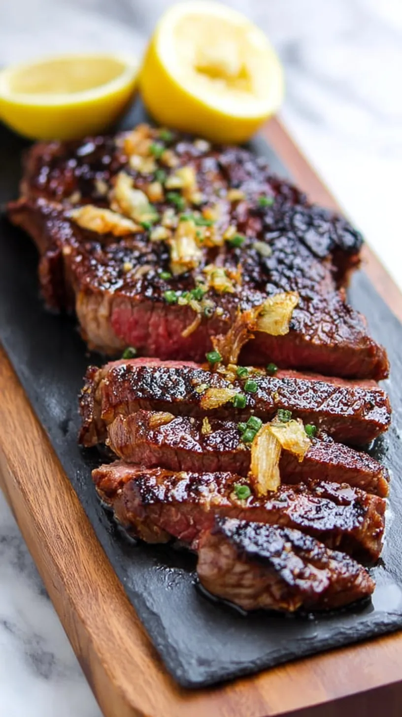 Two golden-brown pan-seared lemon garlic chuck blade steaks resting on a plate.