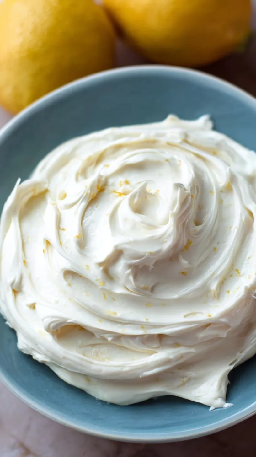 A bowl of smooth lemon cream cheese frosting with fresh yellow zest on top.