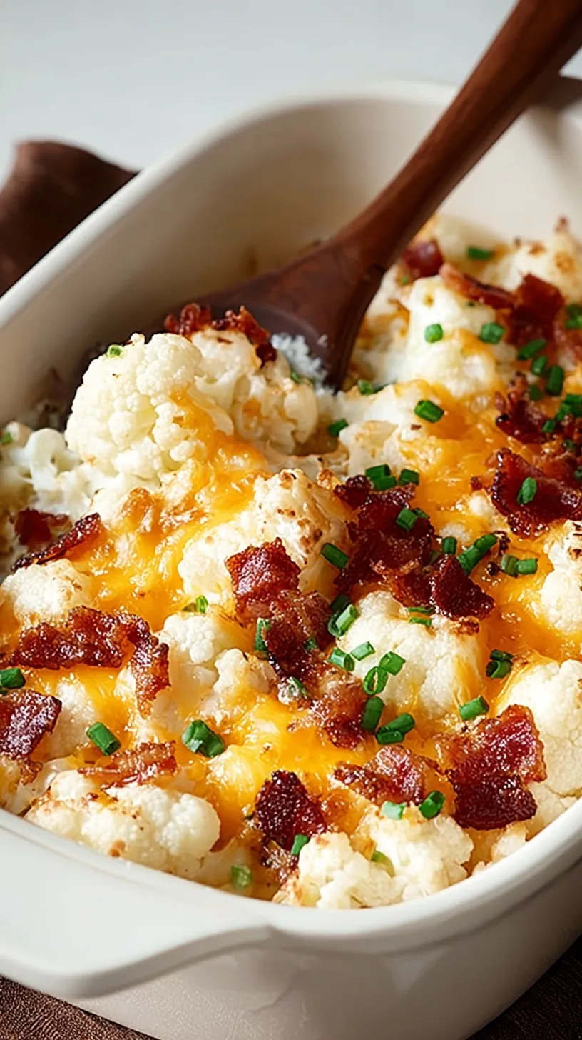 A golden-brown loaded cauliflower casserole topped with melted cheddar cheese, crispy bacon bits, and fresh green onions in a white baking dish.