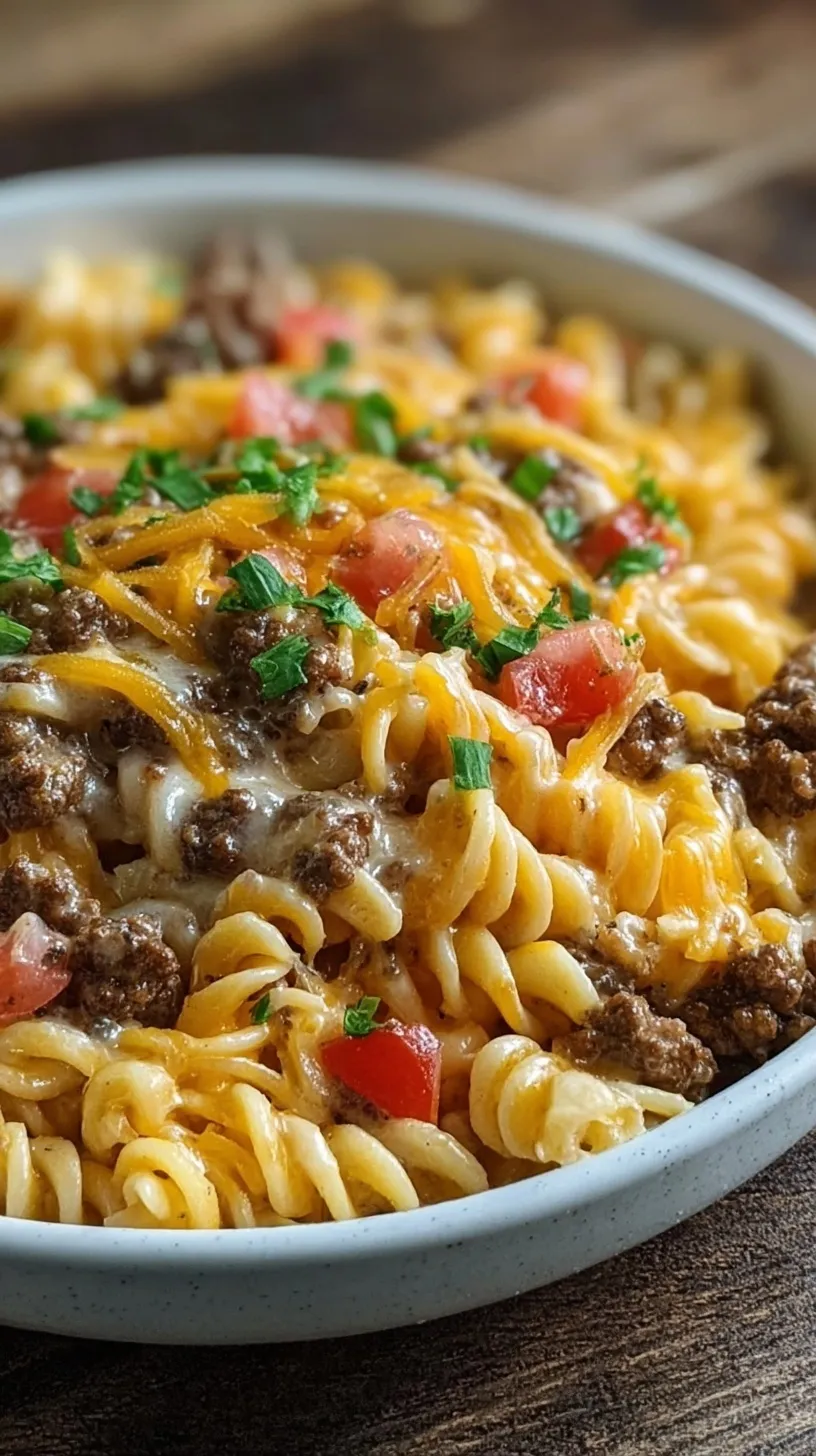 A close-up shot of creamy Cheeseburger Alfredo Pasta with melted cheddar and diced pickles in a bowl.