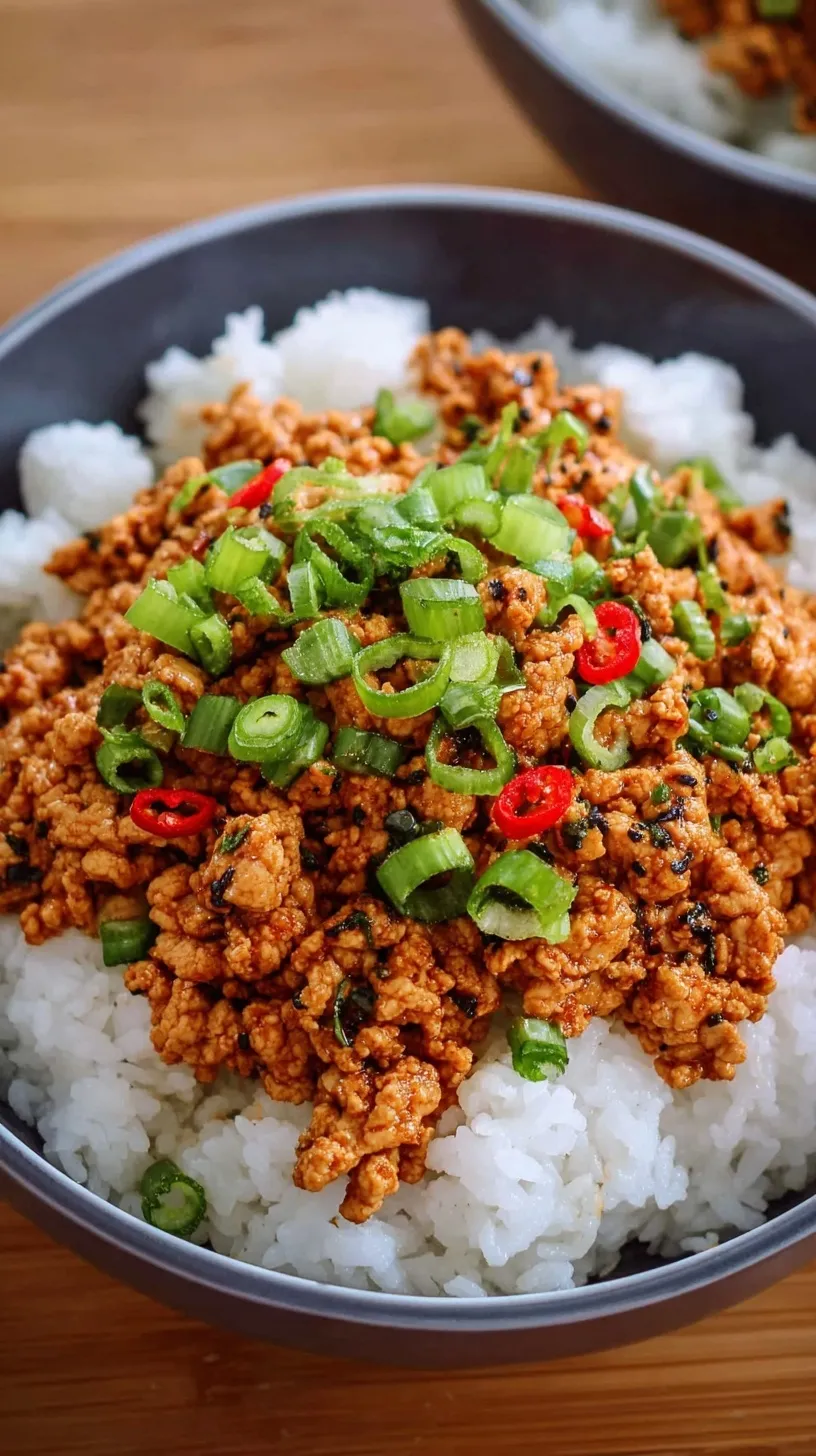 A skillet of spicy firecracker ground chicken served over riced cauliflower with green onions