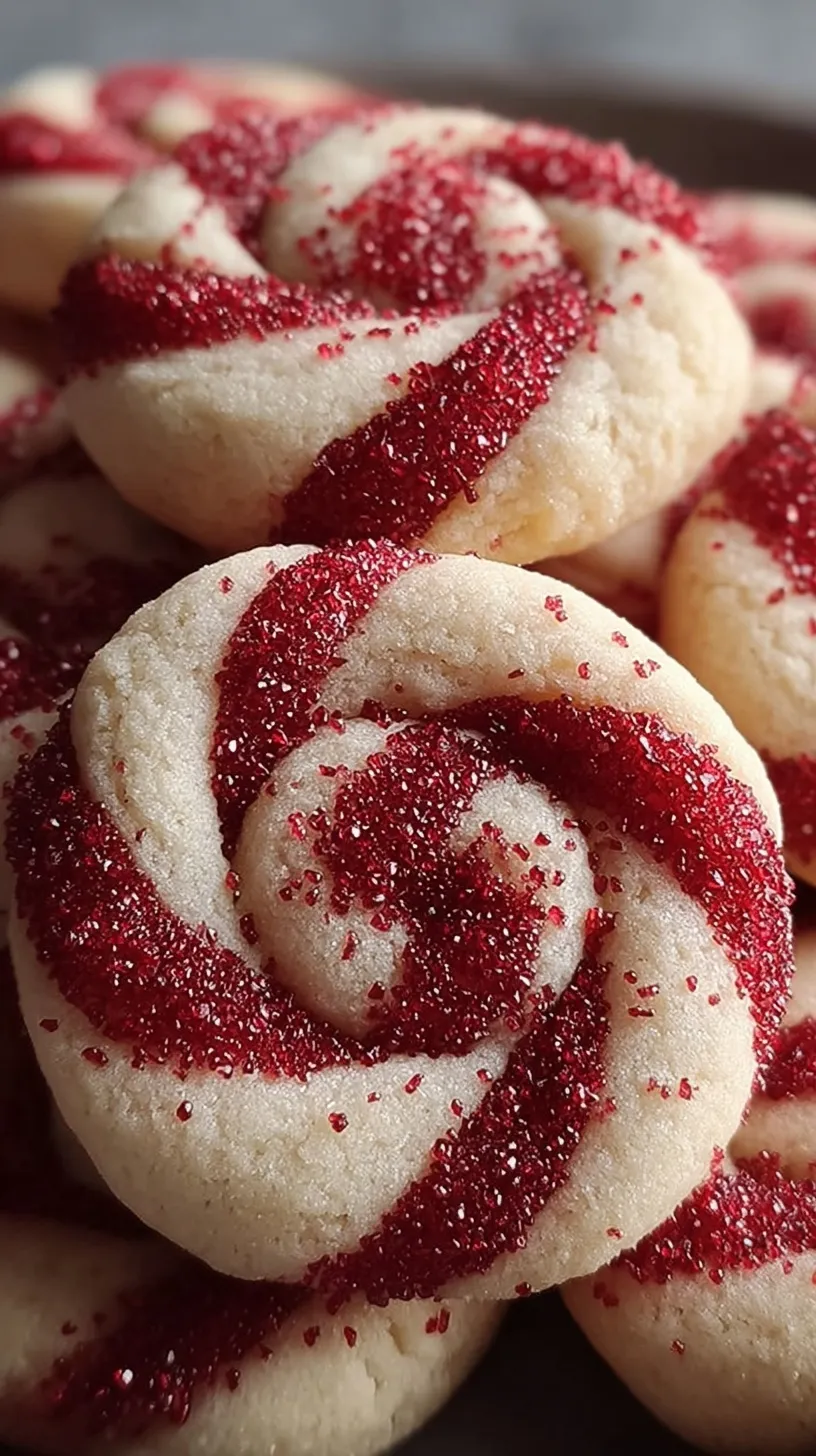 A festive plate of red and white twisted peppermint candy cane cookies sprinkled with crushed peppermint