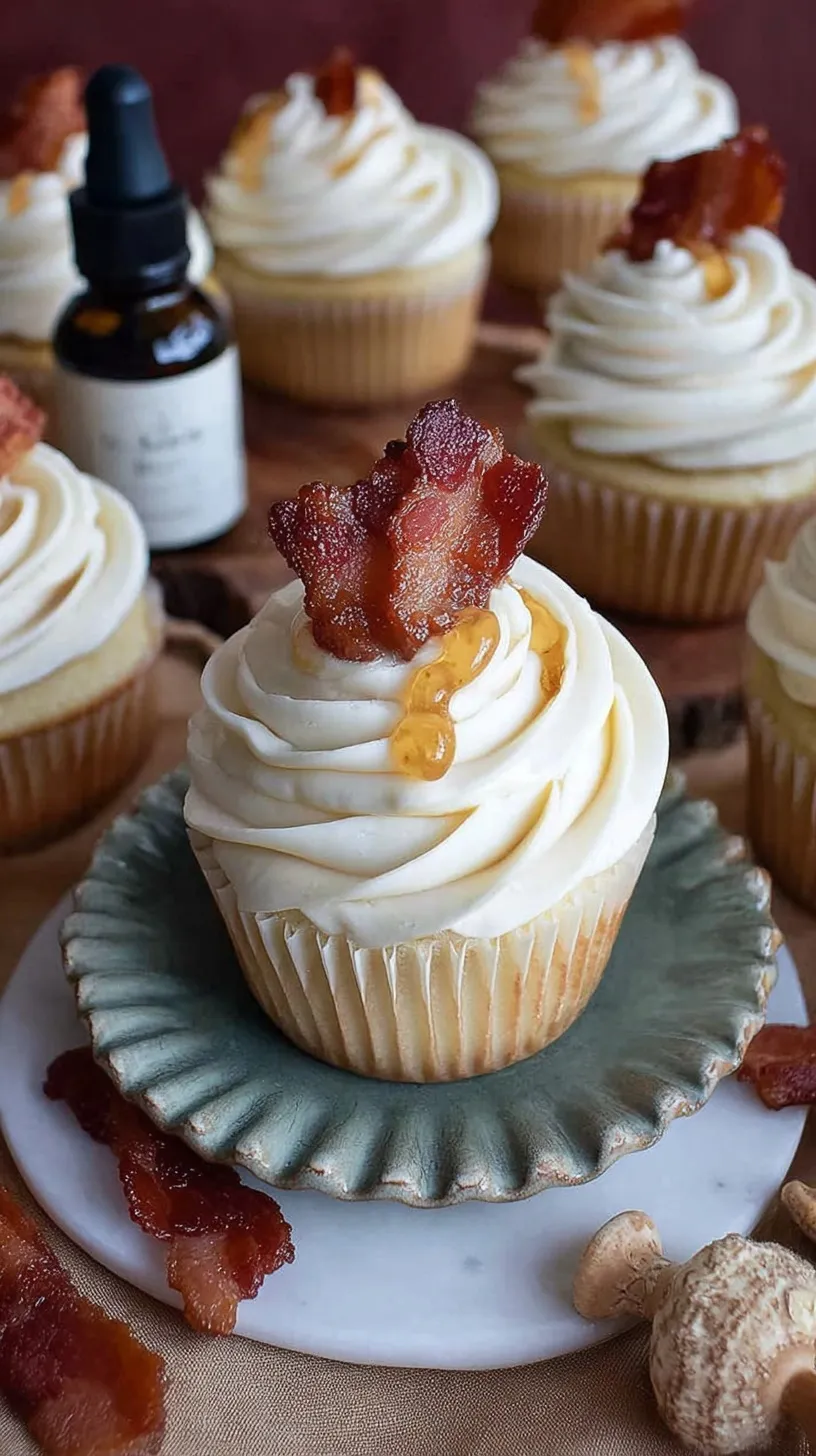 A close-up of a maple bacon cupcake with golden frosting and crispy candied bacon bits on top.