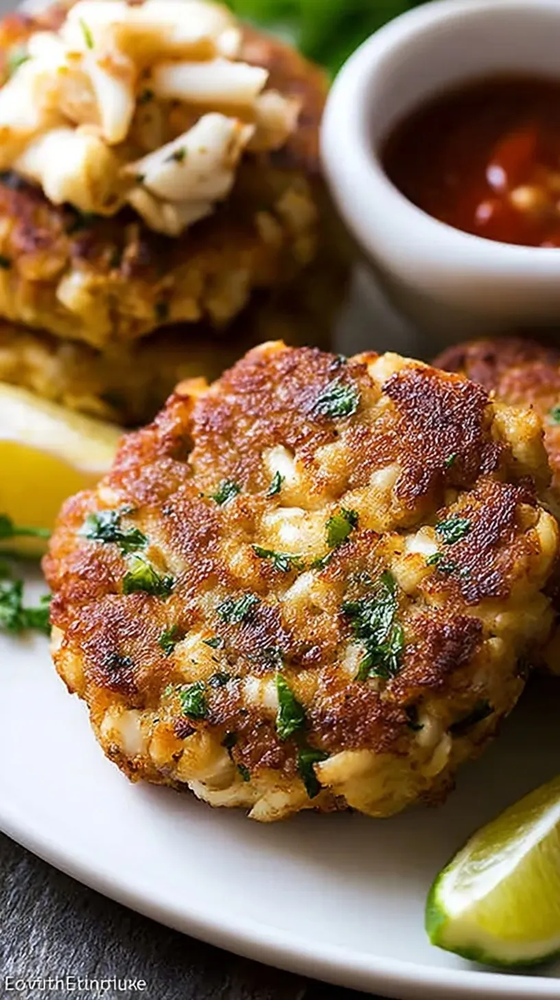 Four golden brown Maryland crab cakes served with lemon wedges and fresh parsley on a white plate.