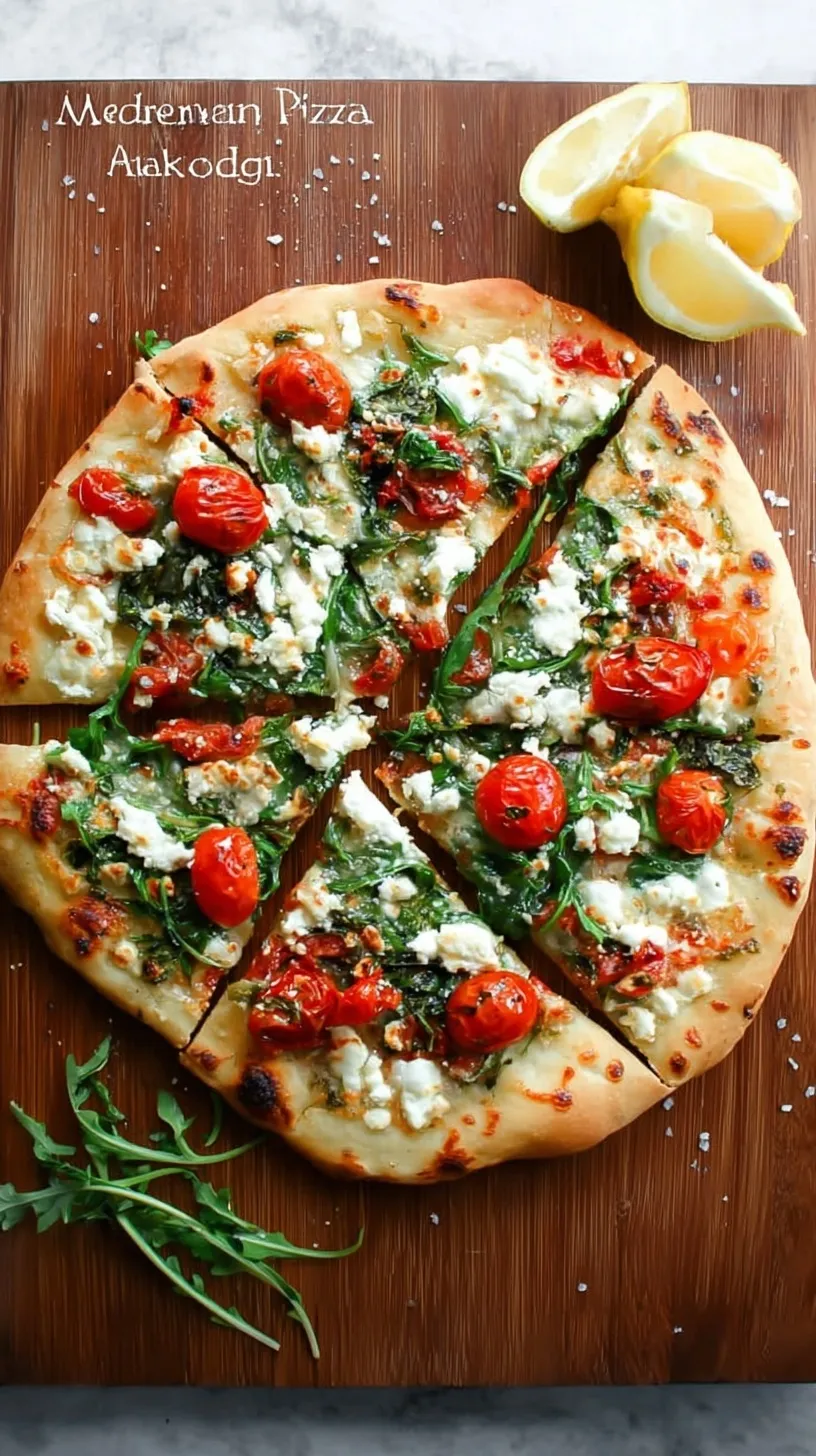 A fresh Mediterranean pizza topped with green arugula, cherry tomatoes, and balsamic glaze on a wooden board.