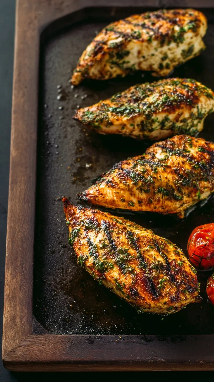 Golden brown grilled chicken breasts with grill marks and fresh lemon slices