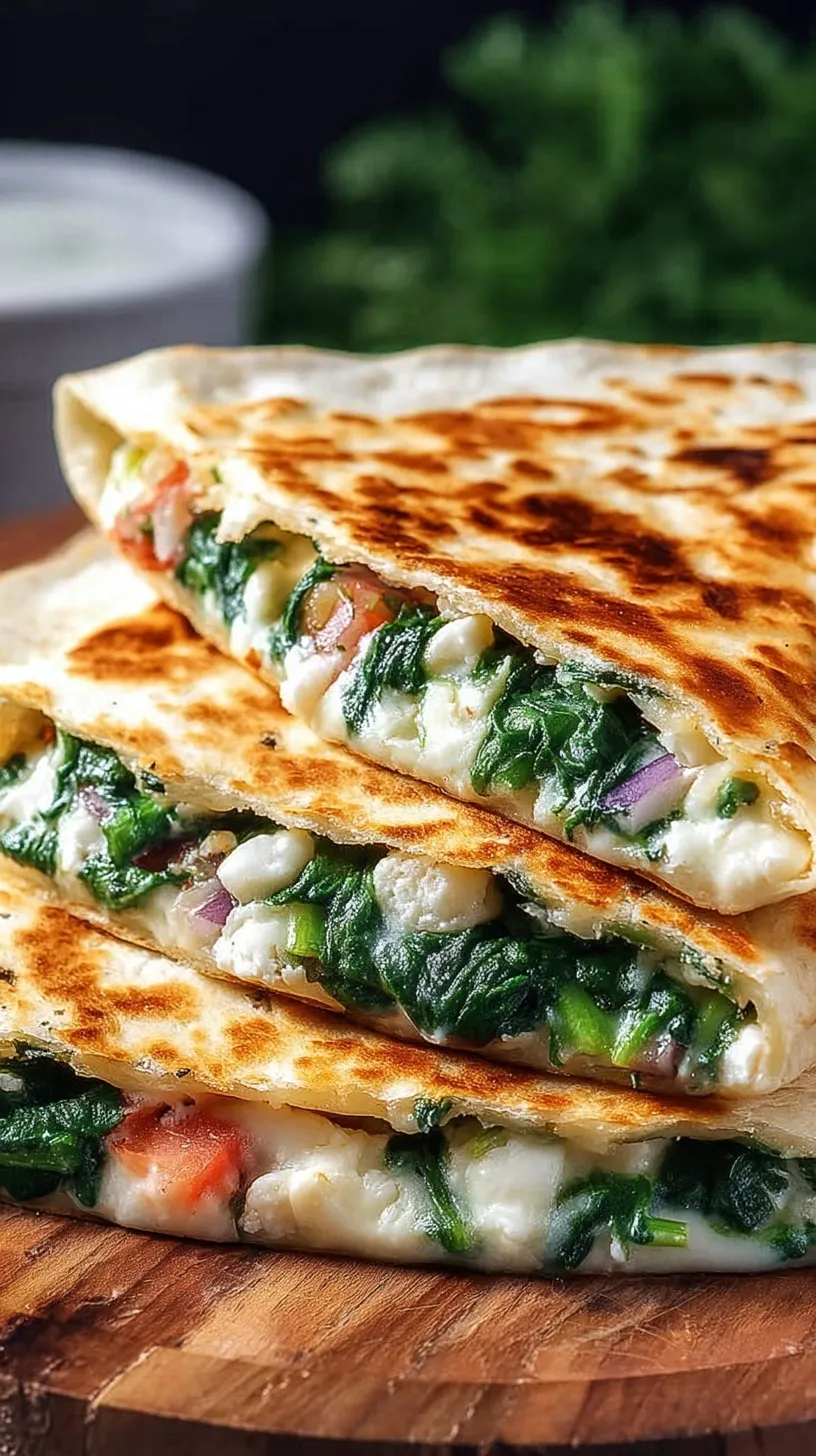 A golden brown Mediterranean quesadilla sliced into wedges showing melted mozzarella, spinach, and feta.