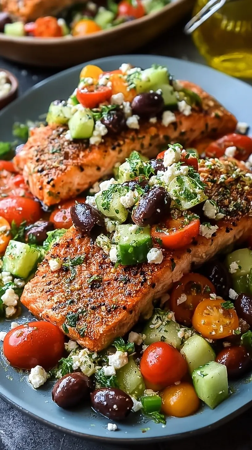 Flaky roasted salmon fillets topped with cherry tomatoes, Kalamata olives, and crumbled feta cheese on a baking sheet.