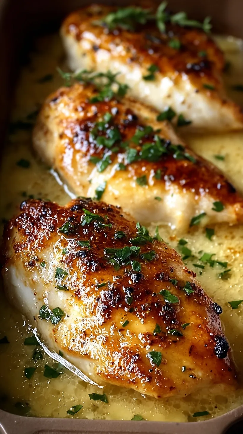 Golden brown baked chicken breasts with a creamy parmesan topping in a glass baking dish.