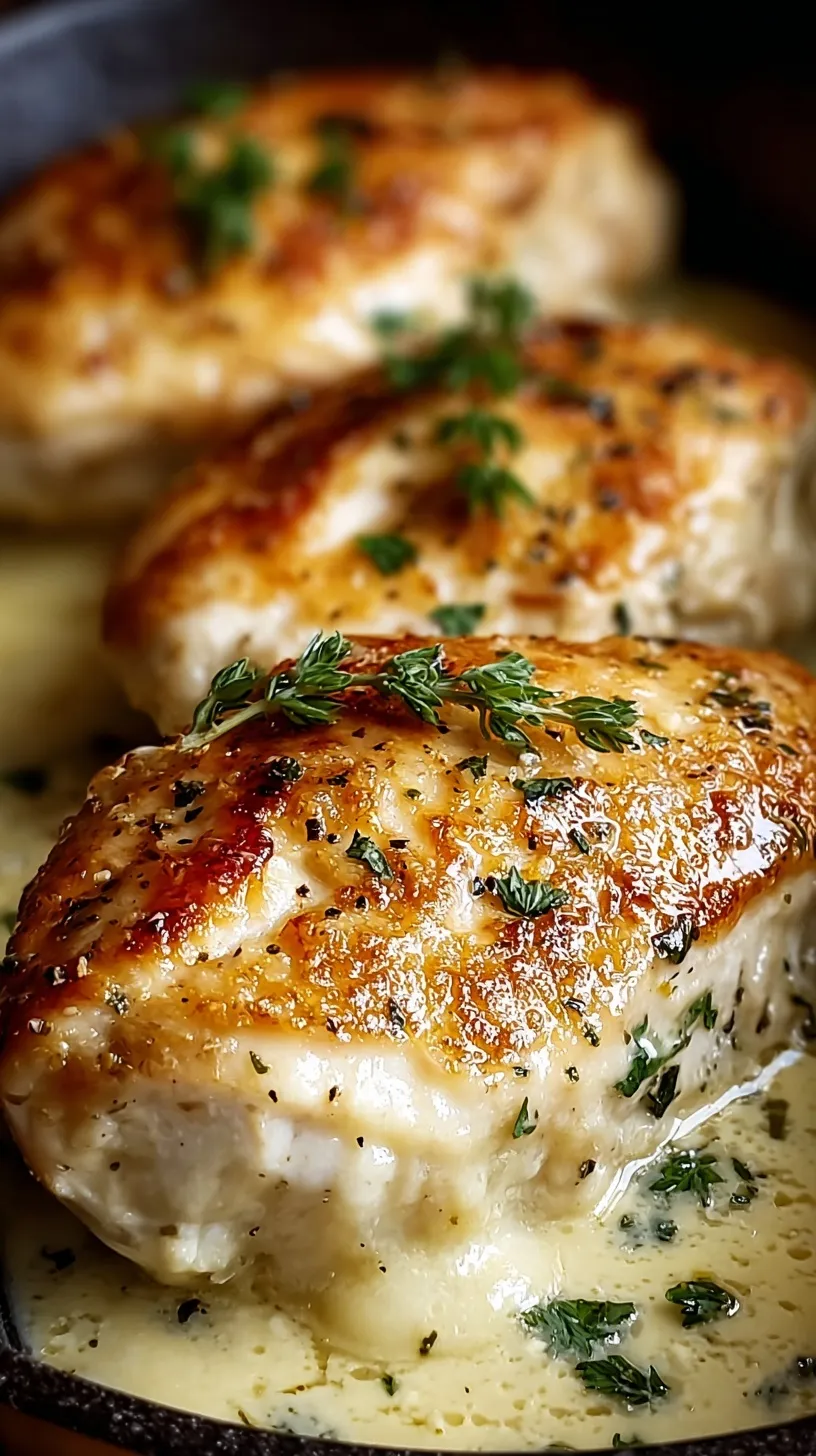 Golden brown baked chicken breast with a creamy Parmesan topping in a white baking dish.