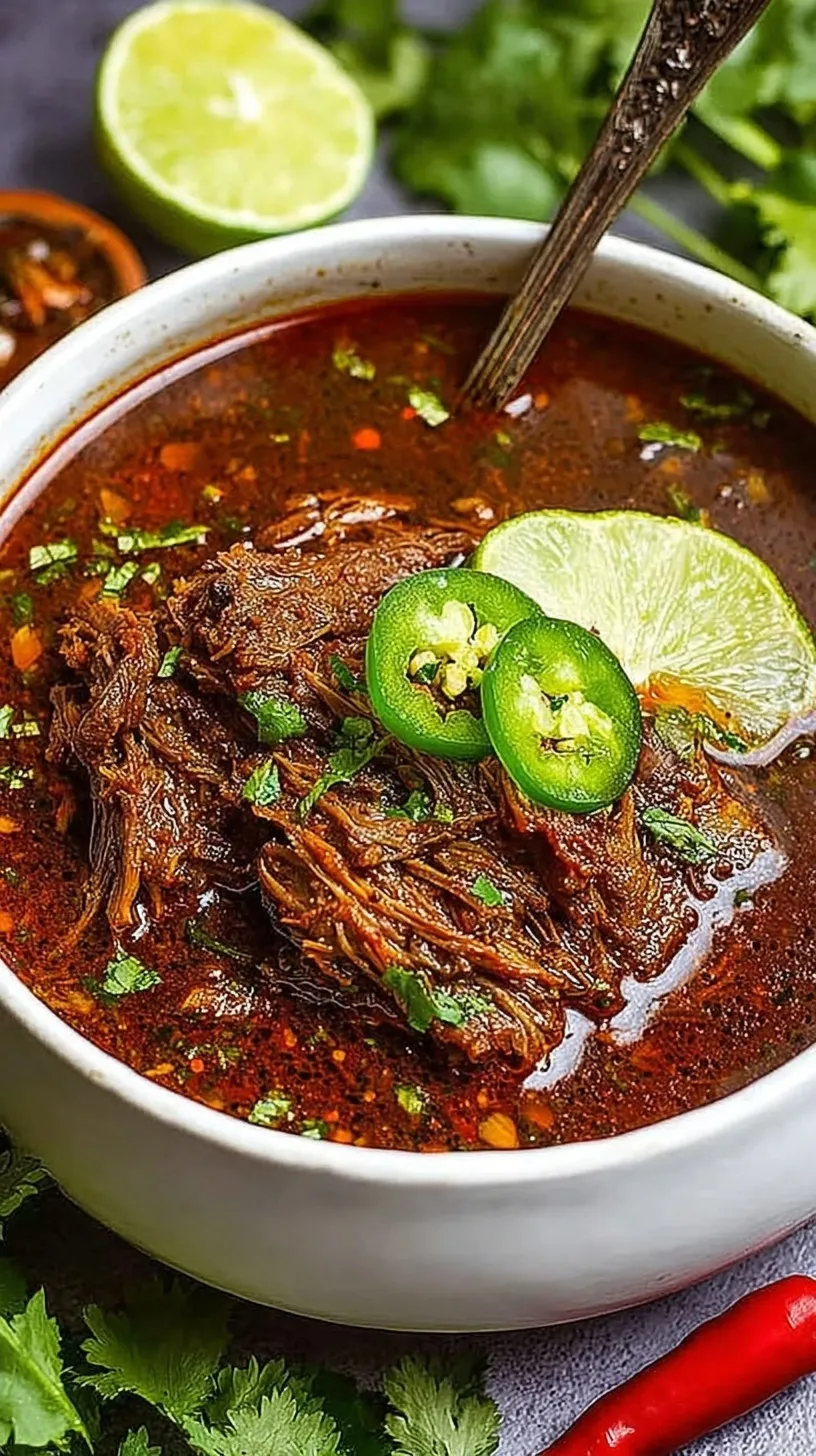 A bowl of shredded beef birria with a side of rich red consomé and fresh lime.