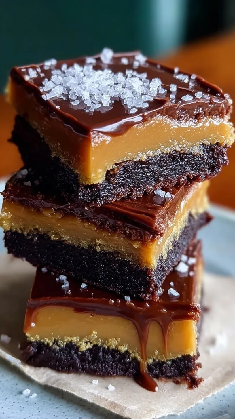 A stack of layered Millionaire Brownies showing the fudgy base, golden caramel, and dark chocolate ganache.