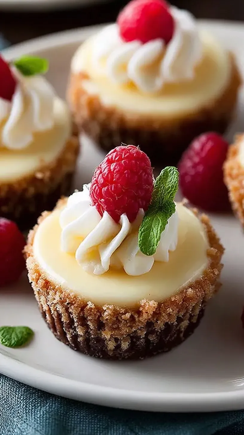 Twelve mini cheesecakes in paper liners with golden graham cracker crusts and smooth creamy tops.
