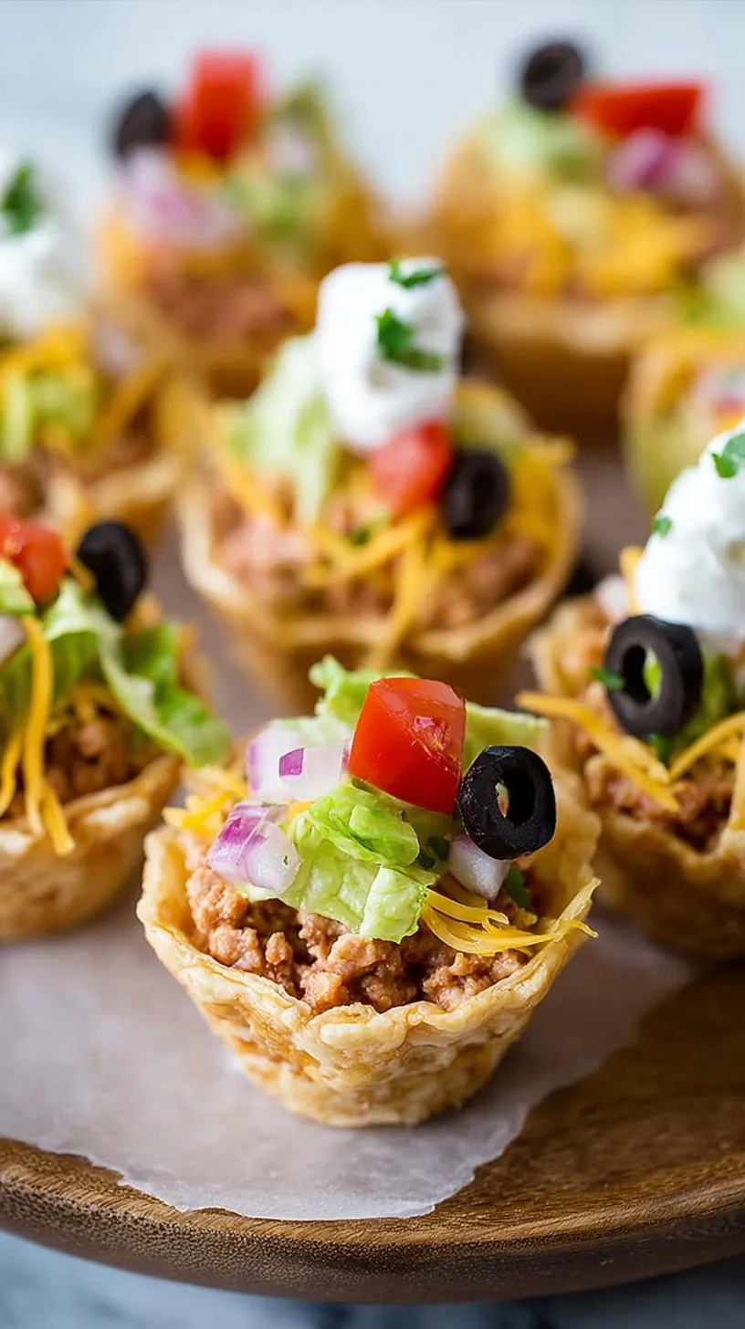 Mini tortilla scoops filled with layers of beans, seasoned Greek yogurt, cheese, and fresh vegetables on a white platter