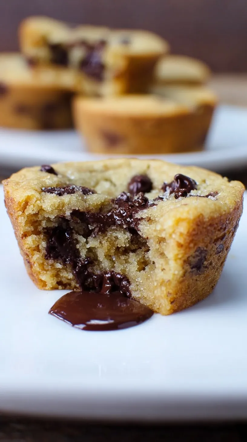 A tray of golden brown chocolate chip cookie cups with melty chocolate centers in a muffin tin.