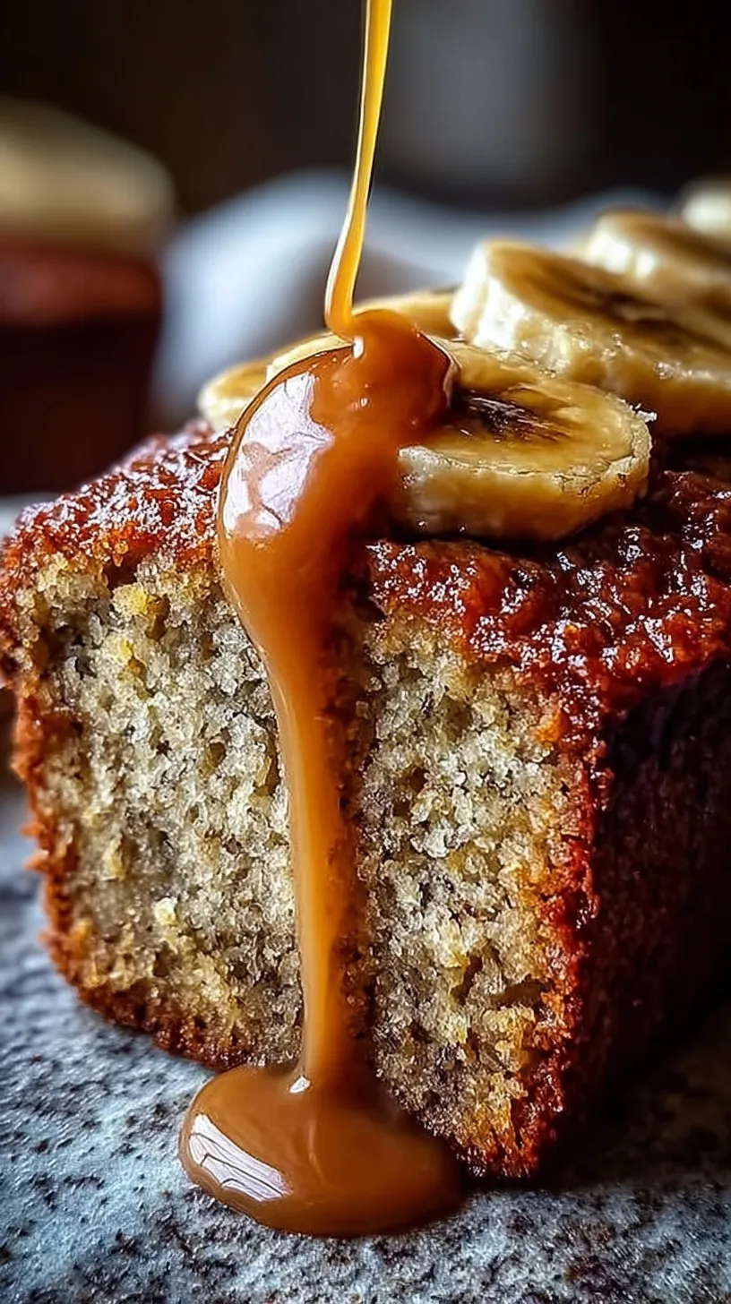 A golden brown loaf of moist banana bread sliced on a wooden board