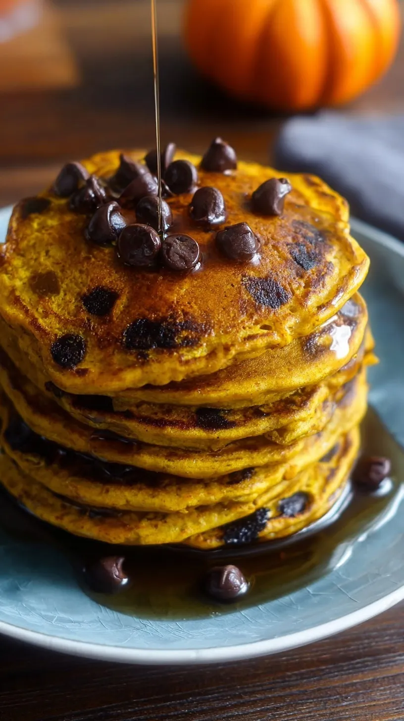 A stack of golden pumpkin chocolate chip pancakes topped with syrup and melting chocolate