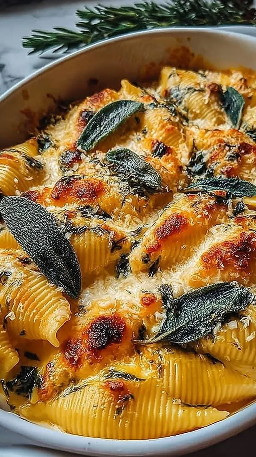 A bowl of fettuccine pasta with roasted butternut squash, brown butter, crispy sage leaves, and parmesan cheese.