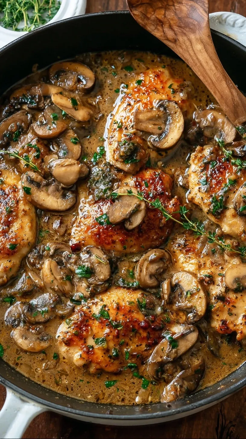A skillet of savory mushroom chicken with golden chicken pieces and sliced mushrooms garnished with green onions