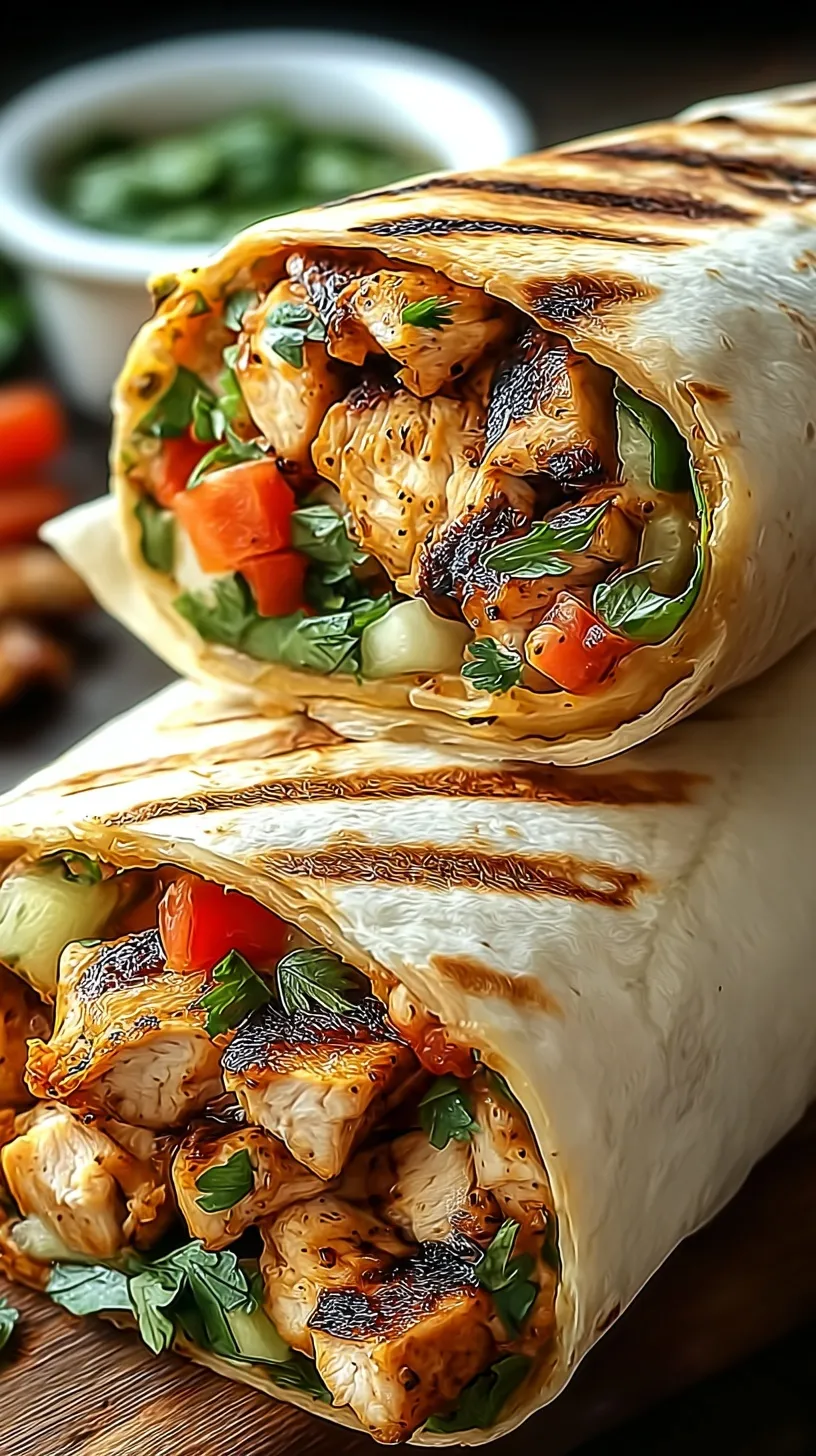 A golden brown grilled chicken burrito sliced in half showing rice, beans, and melted cheese.