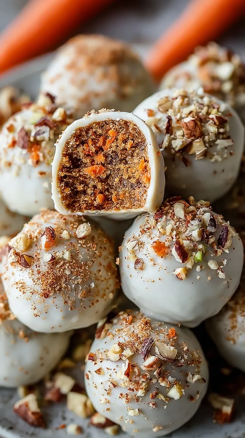 Twelve round carrot cake energy bites coated in shredded coconut on a wooden board
