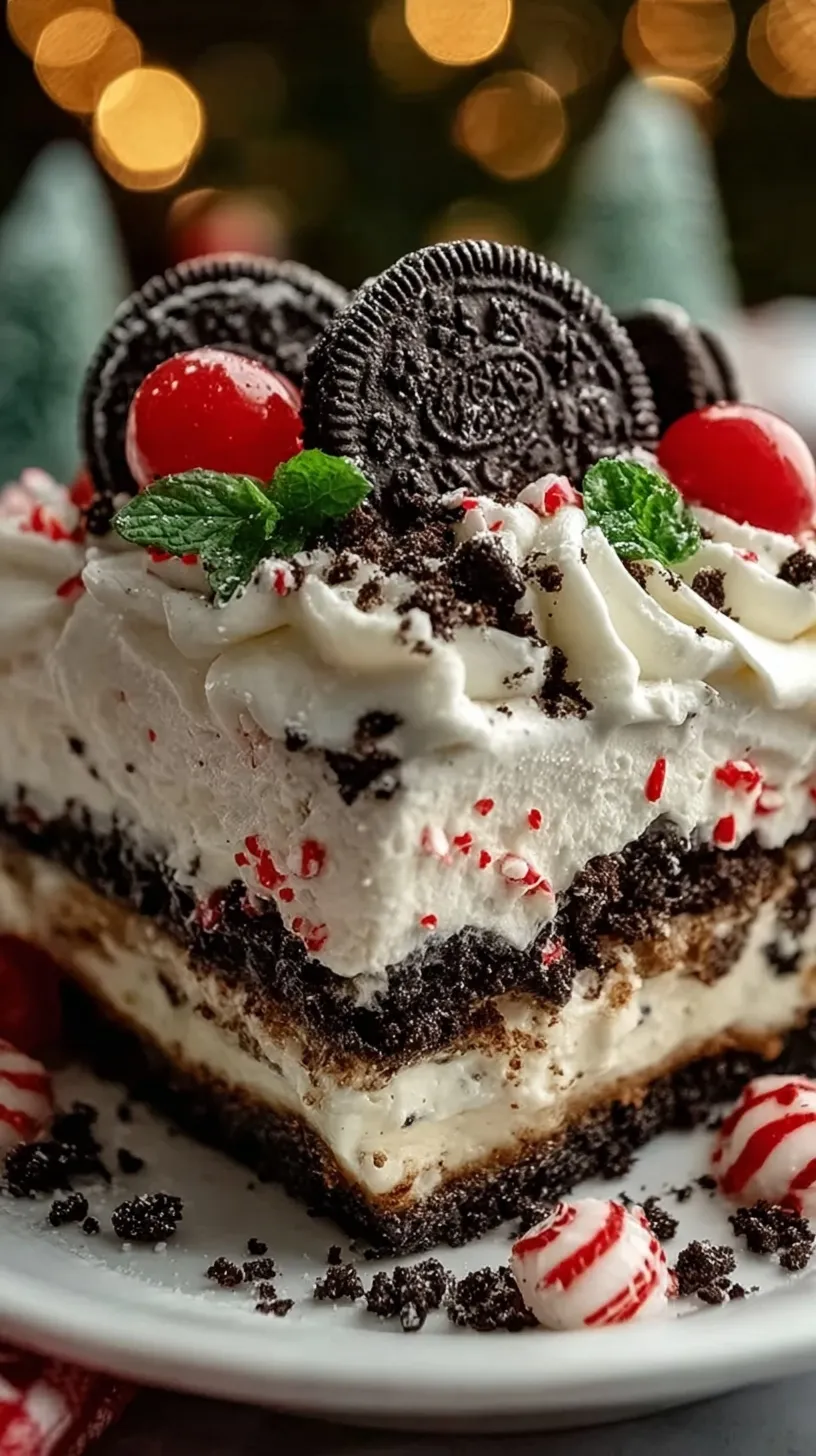Layered No-Bake Christmas Oreo Lasagna with festive red and green sprinkles in a glass baking dish