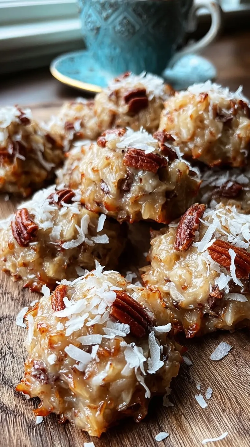 A close up of golden no-bake coconut praline cookies with pecans and shredded coconut on a parchment lined tray.