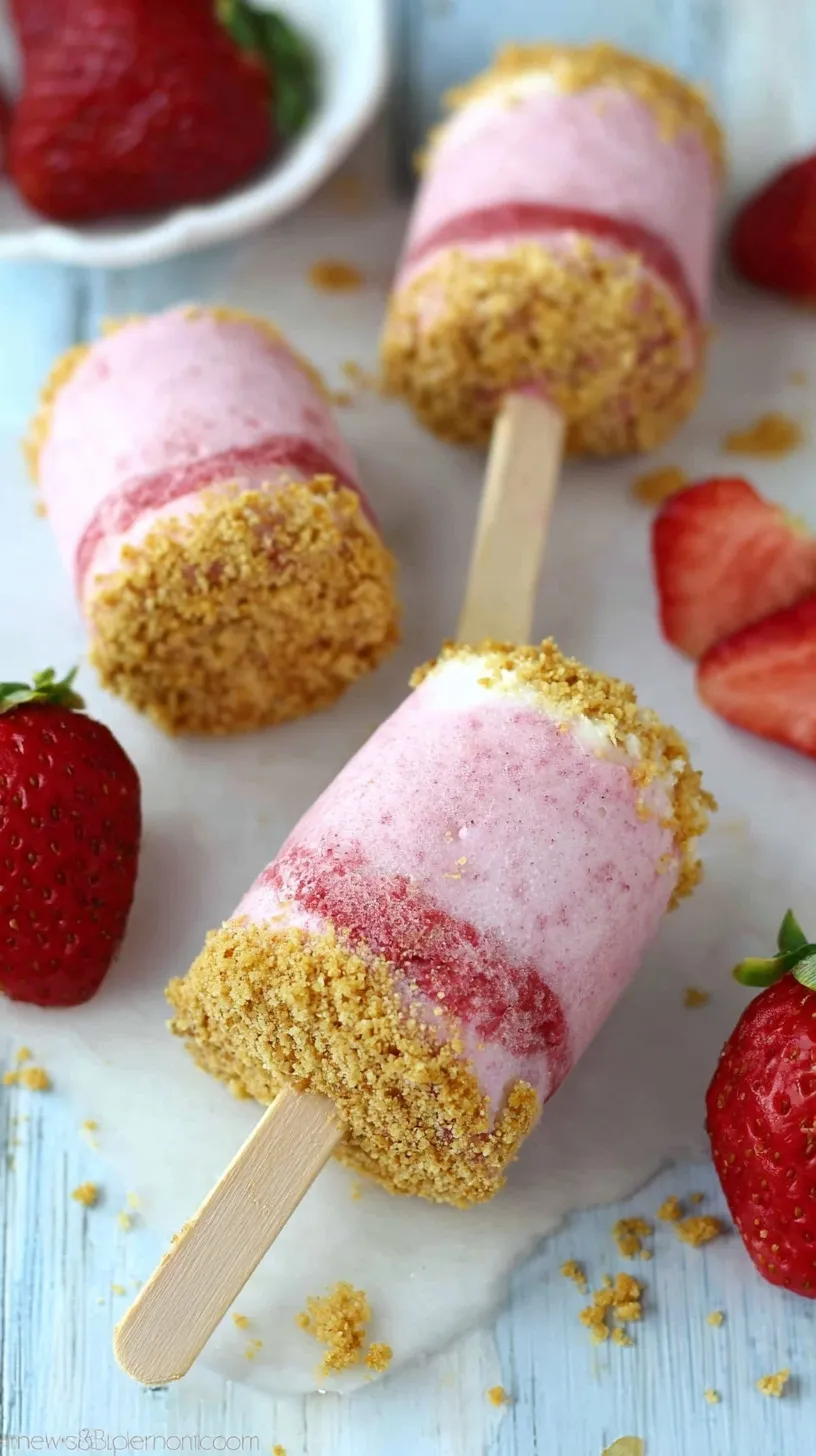 Frozen strawberry cheesecake pops with a golden graham cracker crust on a white plate.