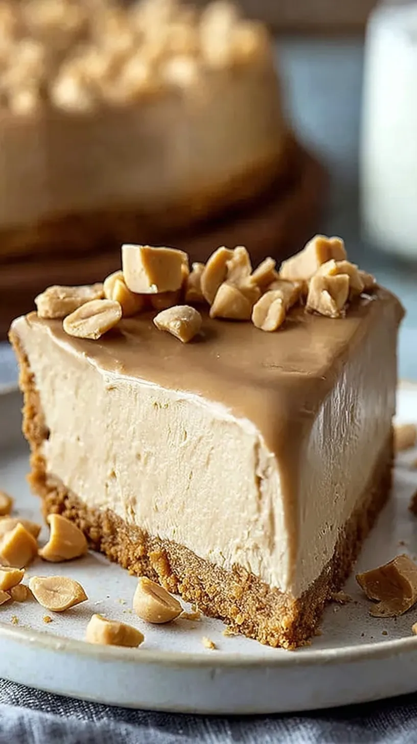 A slice of creamy no-bake peanut butter pie with a graham cracker crust and crushed peanuts on top.