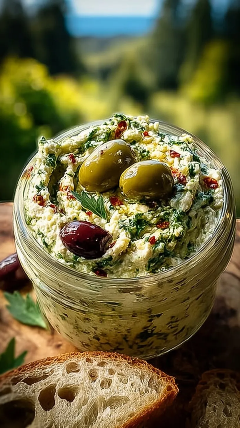 A bowl of creamy feta green olive spread topped with fresh herbs and olive oil served with pita chips.