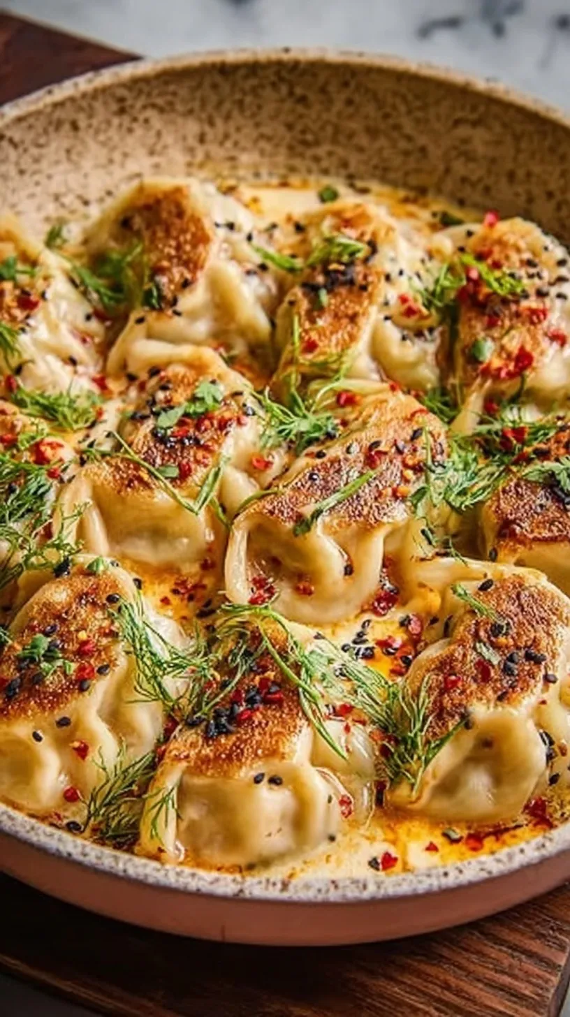 Golden brown baked dumplings on a sheet pan with a delicate lacy crust and green onion garnish