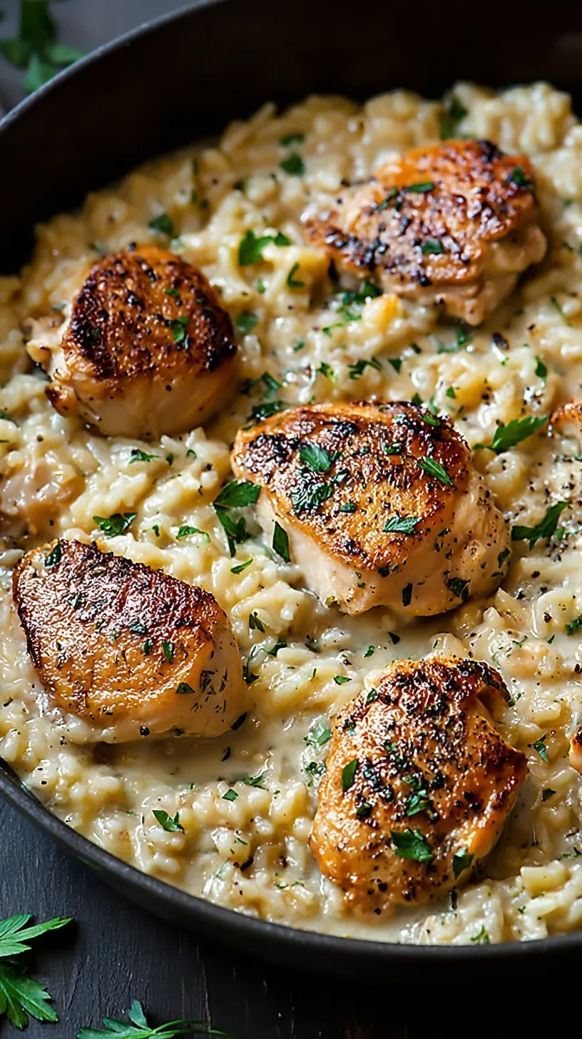 A large skillet filled with creamy parmesan rice, golden chicken pieces, and fresh green spinach.