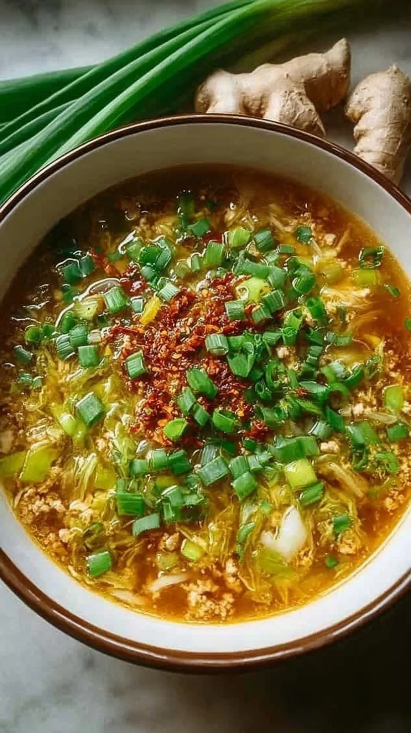 A steaming bowl of savory One-Pot Egg Roll Soup topped with fresh green onions and a drizzle of sriracha