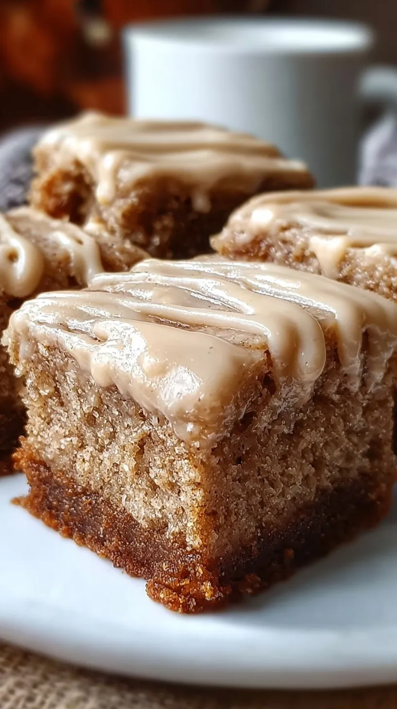 Golden brown banana bars with a creamy topping sliced in a baking pan