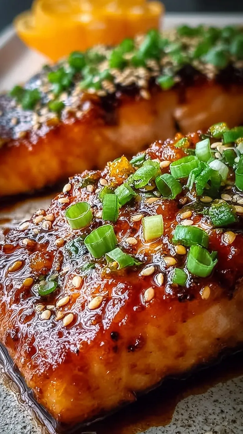 Pan-seared salmon fillets glazed with a shiny orange teriyaki sauce and topped with sesame seeds