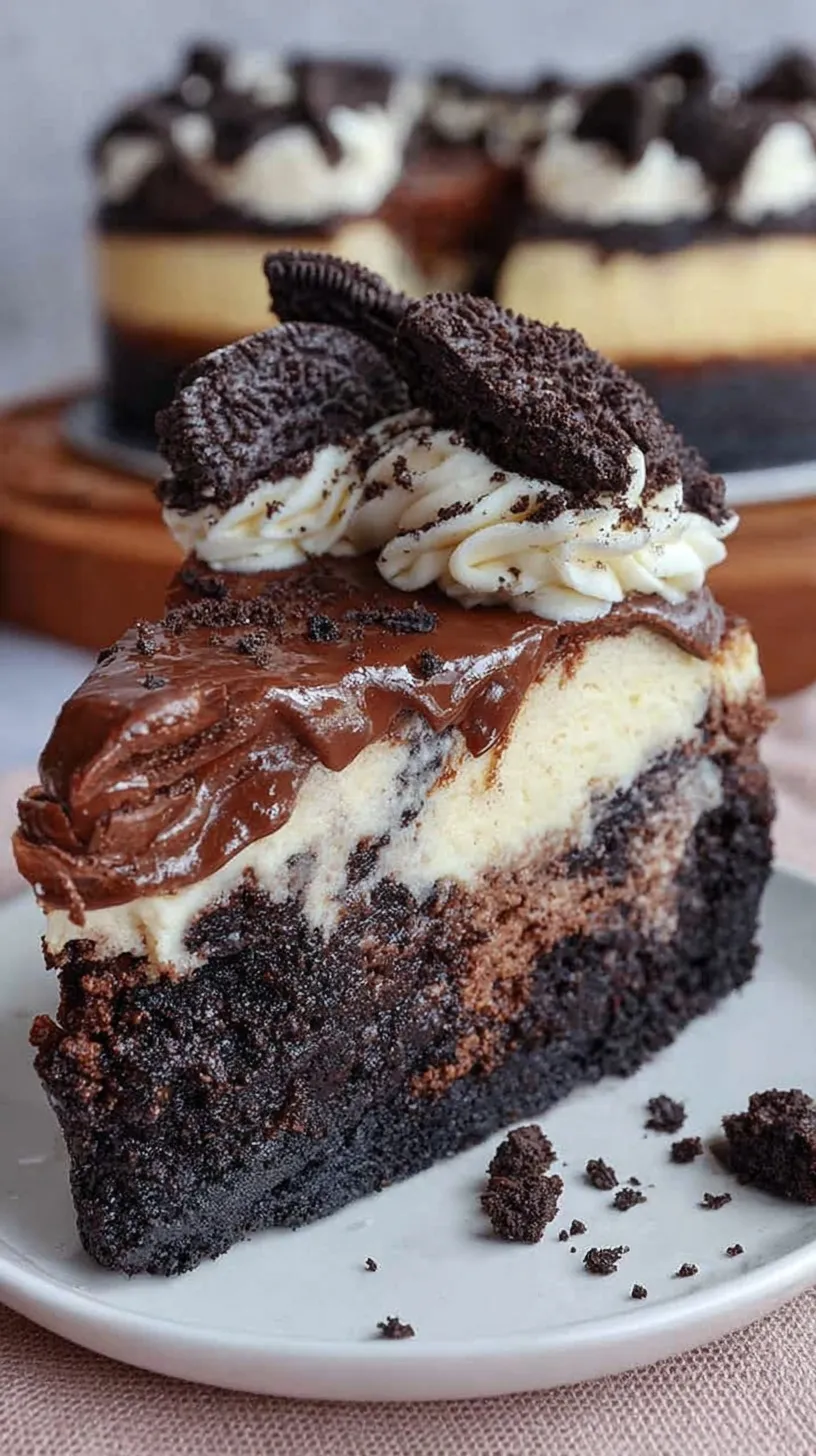 A slice of Oreo brownie cheesecake with a thick chocolate base and creamy cookie-filled top