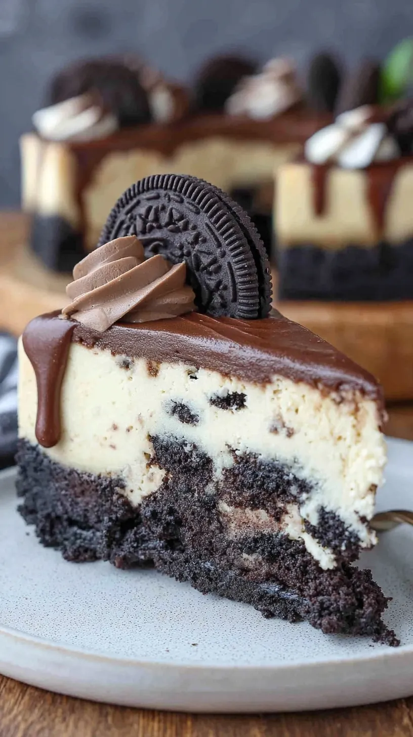 A decadent Oreo Cake Cheesecake topped with smooth chocolate ganache and cookie halves