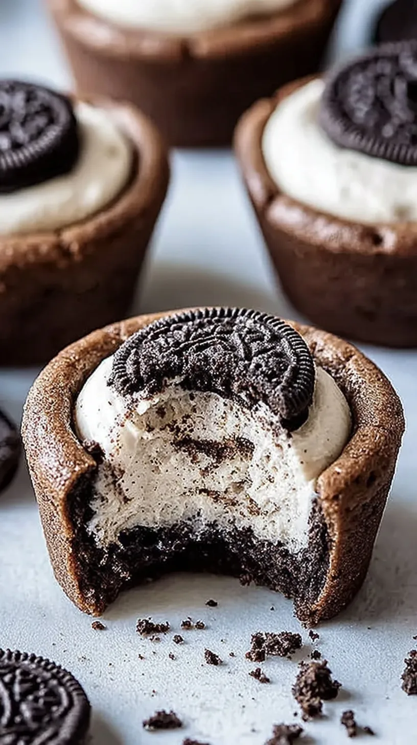 Mini chocolate chip cookie cups filled with creamy Oreo cheesecake filling on a white platter.