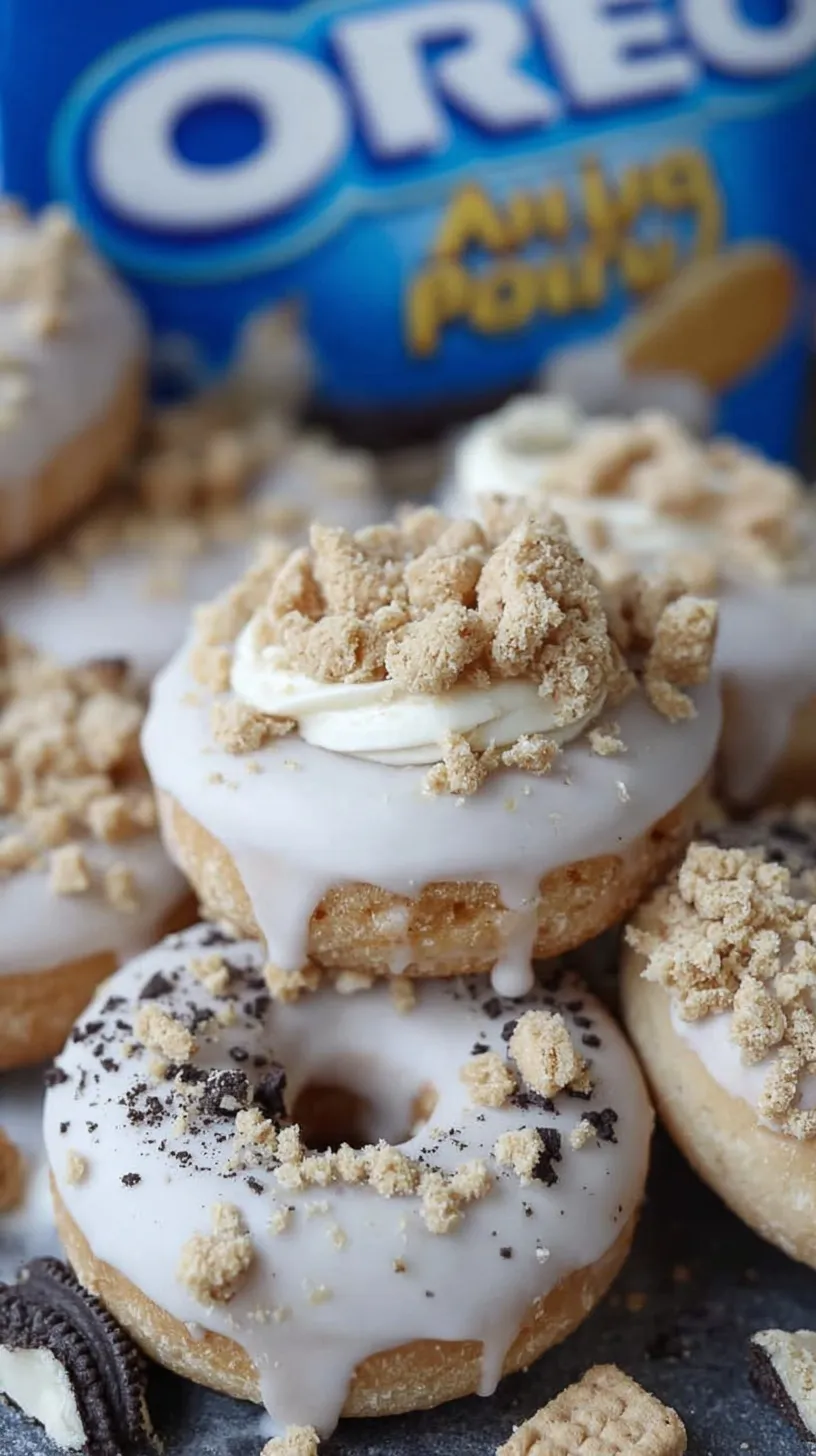 Two varieties of baked doughnuts topped with crushed Oreo and Chips Ahoy cookies on a wire rack.