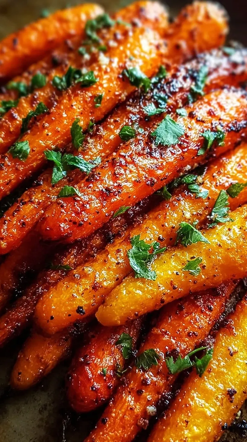 Golden brown caramelized oven roasted carrots on a baking sheet with dried thyme