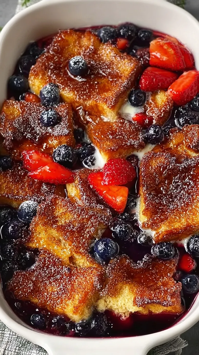 Golden brown overnight French toast casserole in a glass baking dish topped with cinnamon