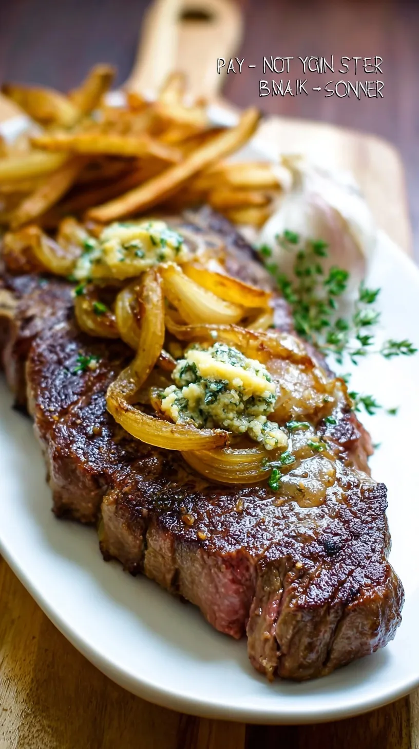 A juicy pan seared New York strip steak topped with golden onions and garlic butter in a cast iron skillet.