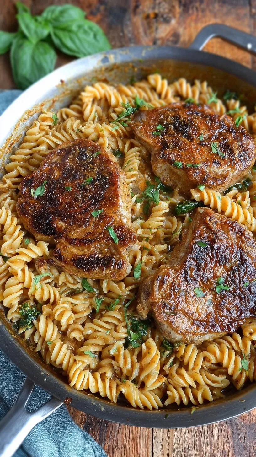 Golden seared pork chops served next to a pile of garlic butter pasta garnished with parsley