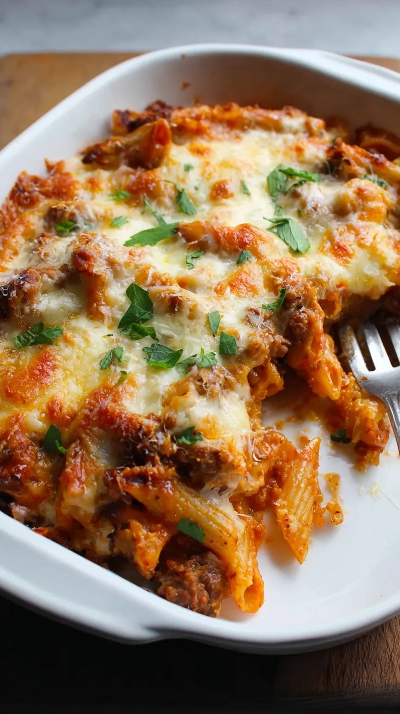 A bubbling tomato and mozzarella pasta bake in a glass dish with melted golden cheese and fresh basil.