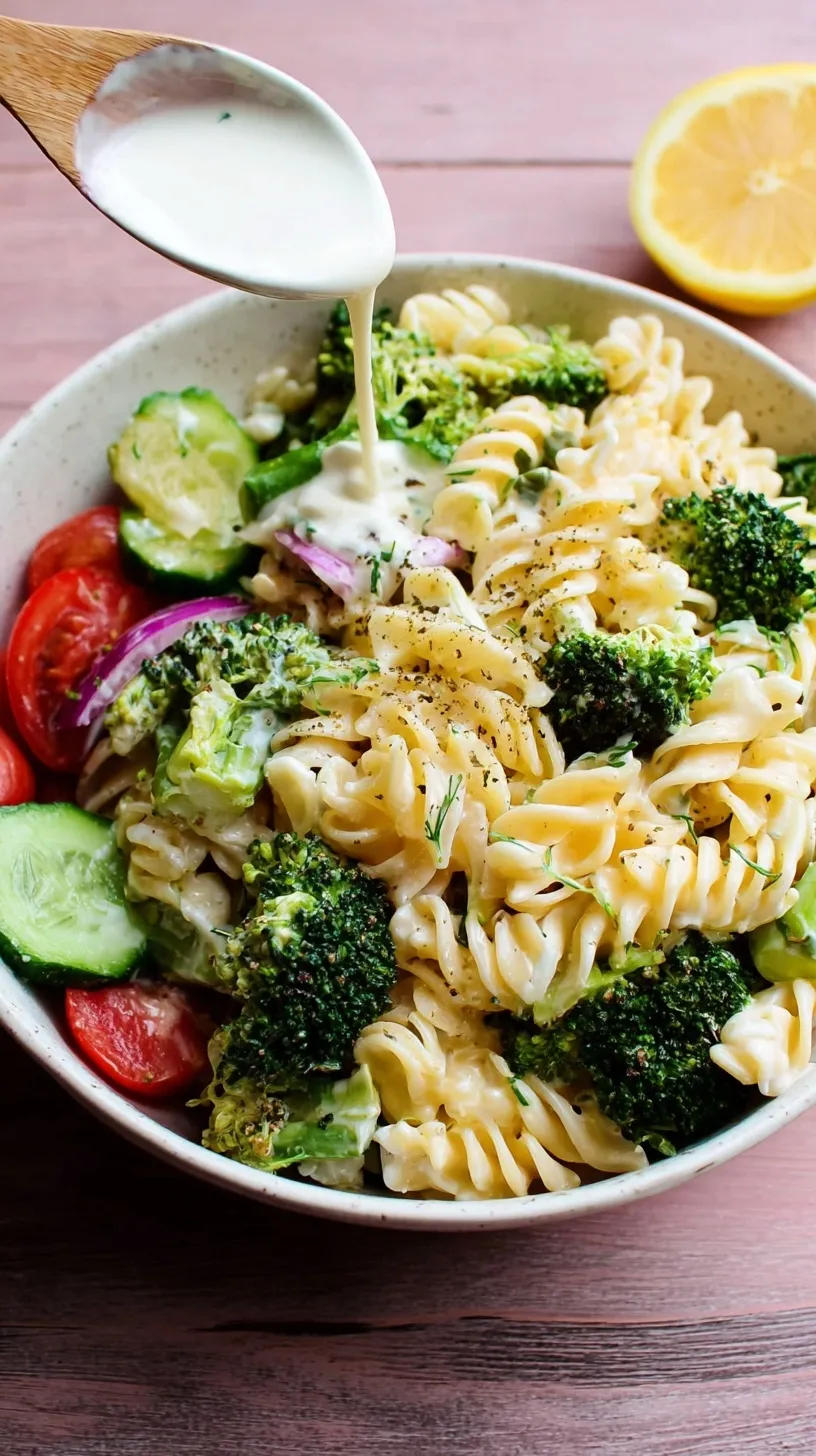 A large bowl of rotini pasta salad with broccoli florets and creamy lemon dressing