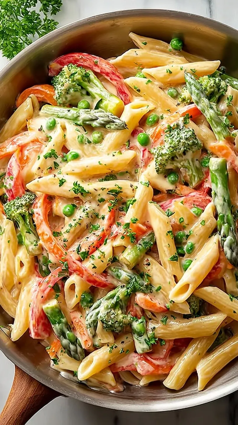 A large bowl of penne pasta tossed with colorful broccoli, carrots, zucchini, and red peppers in a light sauce.