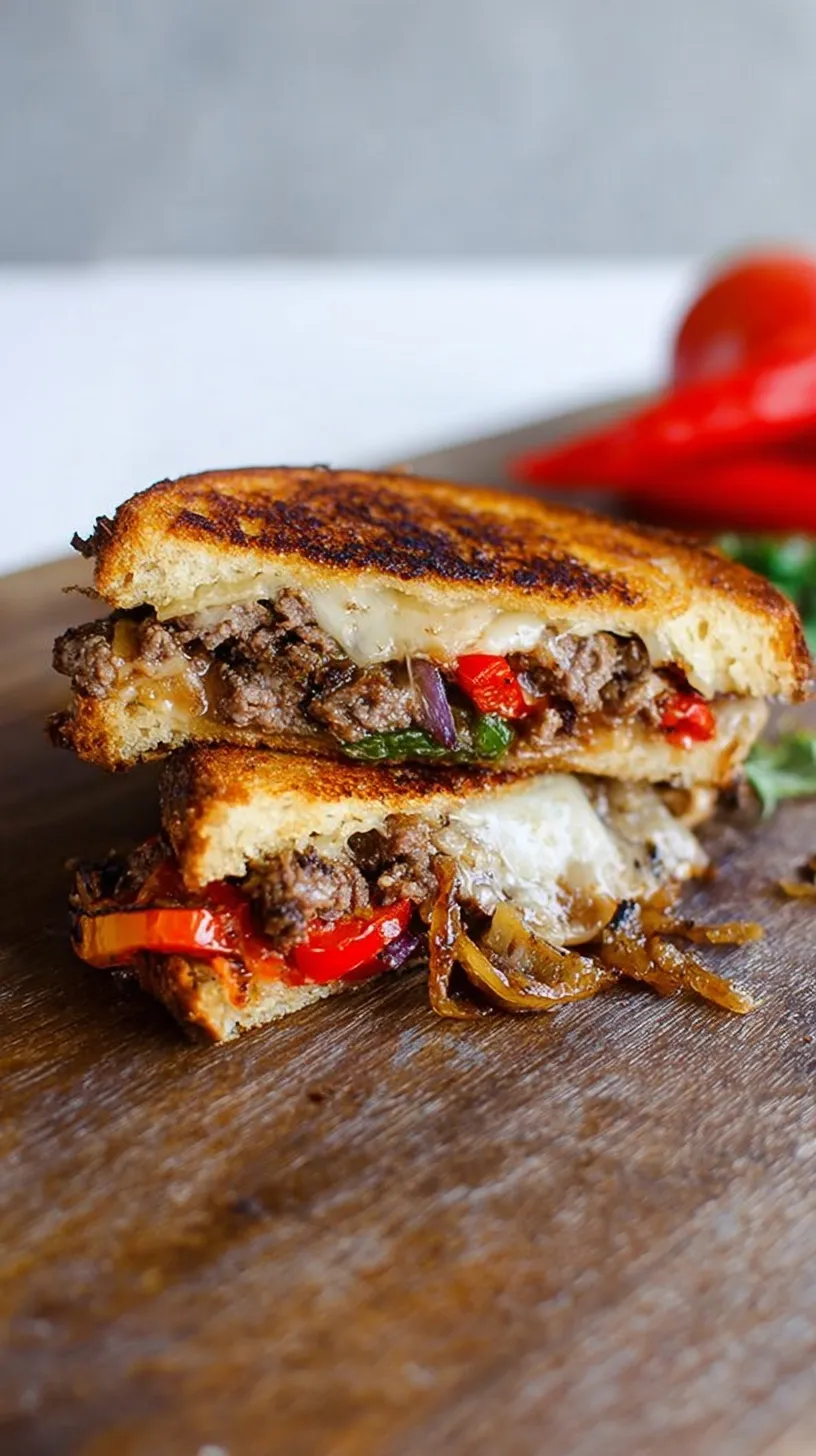 A toasted spicy patty melt sliced in half with melted cheese and caramelized peppers