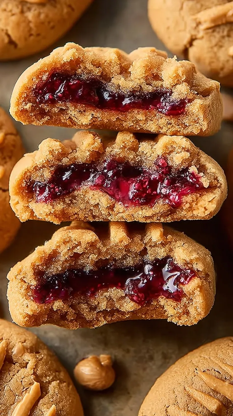 Golden brown peanut butter cookies on a wire rack with a hidden jelly center