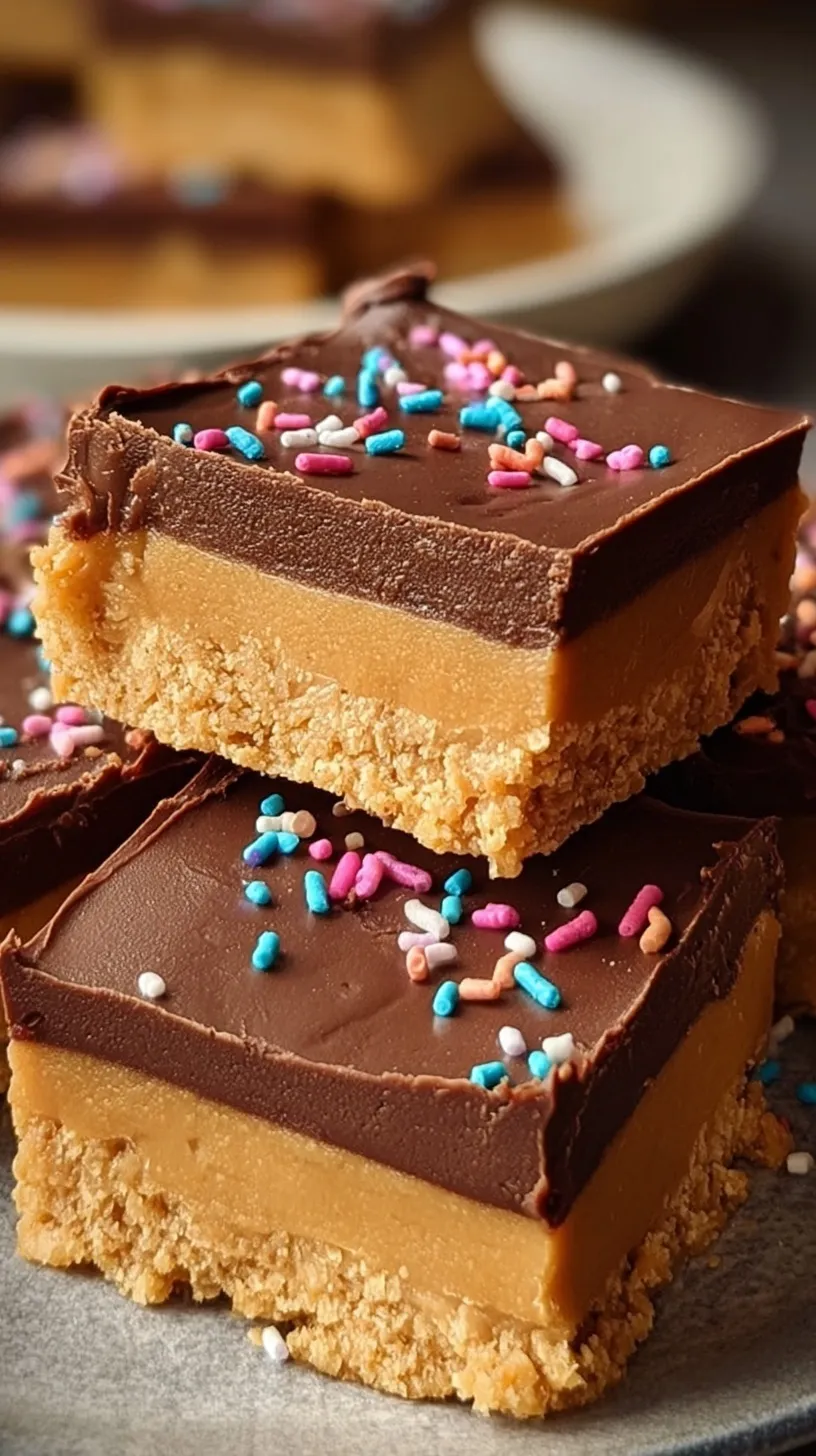 A close-up of a sliced peanut butter bar with a thick chocolate layer on top.