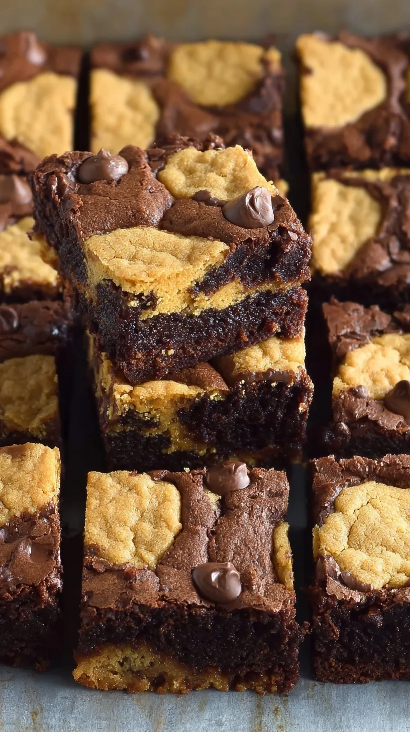 A stack of sliced peanut butter cookie brownies showing layers of dark chocolate and golden peanut butter dough